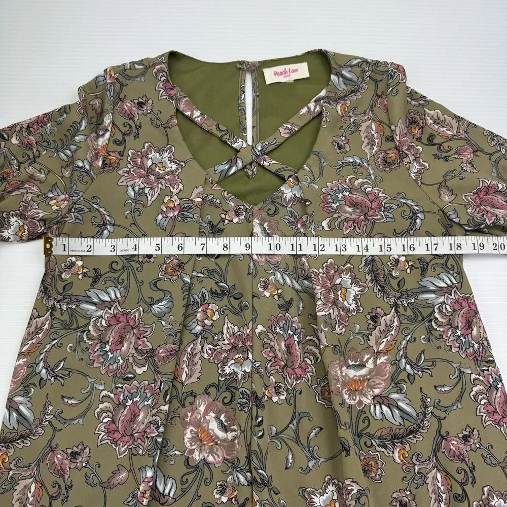 Peach Love Green Floral Boho Bell Sleeve Tunic Dress Small